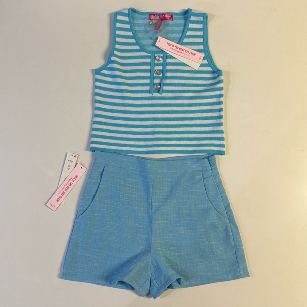 *AQUA Girls Barbie the Movie Crop Top Blue/White Striped and Tweed Short Size M